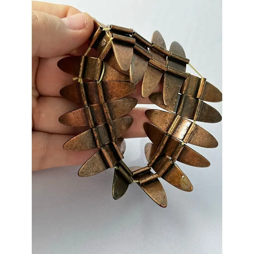 VTG Copper Tone Enamel Convex Panels Stretch Bracelet Boho MCM Tribal